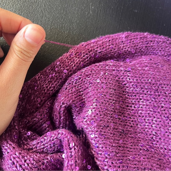 BKE Y2K Shimmer Knit Cowl Neck Top Fishnet Detail Purple Size Small - Picture 12 of 12